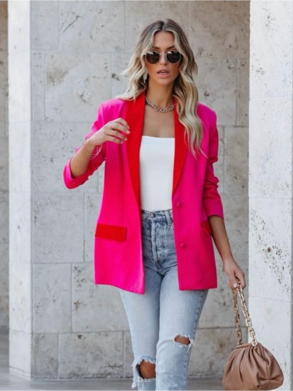 Strut & Bolt Oversized Hot Pink Contrast Lapel Blazer